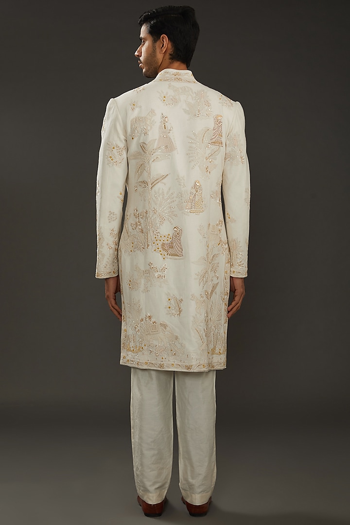 Ivory Matka Silk Hand Embroidered Groom Sherwani by Rohit Bal Men at Pernia's Pop Up Shop