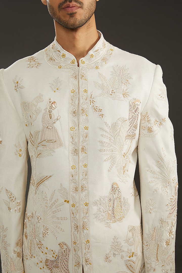 Ivory Matka Silk Hand Embroidered Groom Sherwani by Rohit Bal Men at Pernia's Pop Up Shop