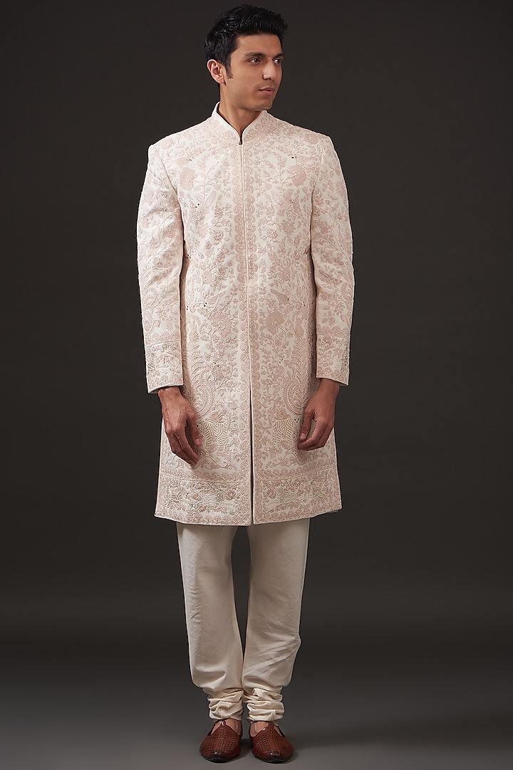 Ivory Matka Silk Resham Hand Embroidered Sherwani by Rohit Bal Men