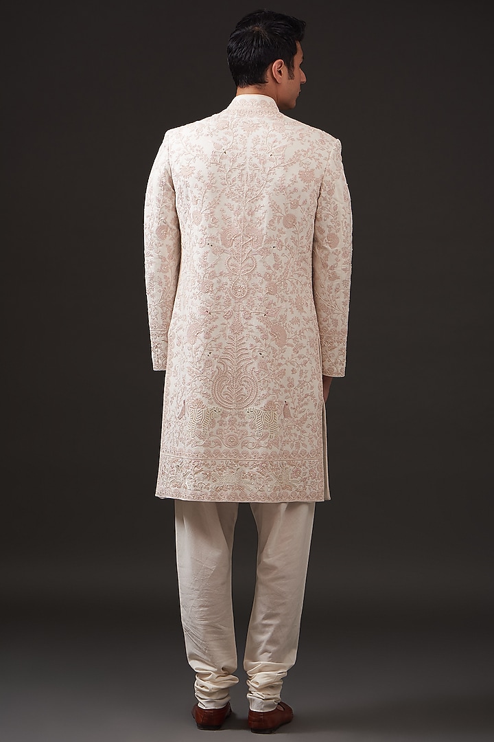 Ivory Matka Silk Resham Hand Embroidered Groom Sherwani by Rohit Bal Men at Pernia's Pop Up Shop