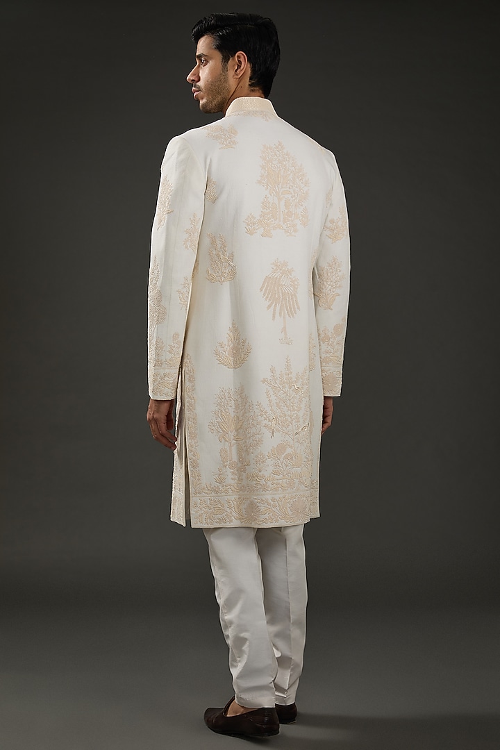 Ivory Chanderi Silk Hand Embroidered Groom Sherwani by Rohit Bal Men at Pernia's Pop Up Shop