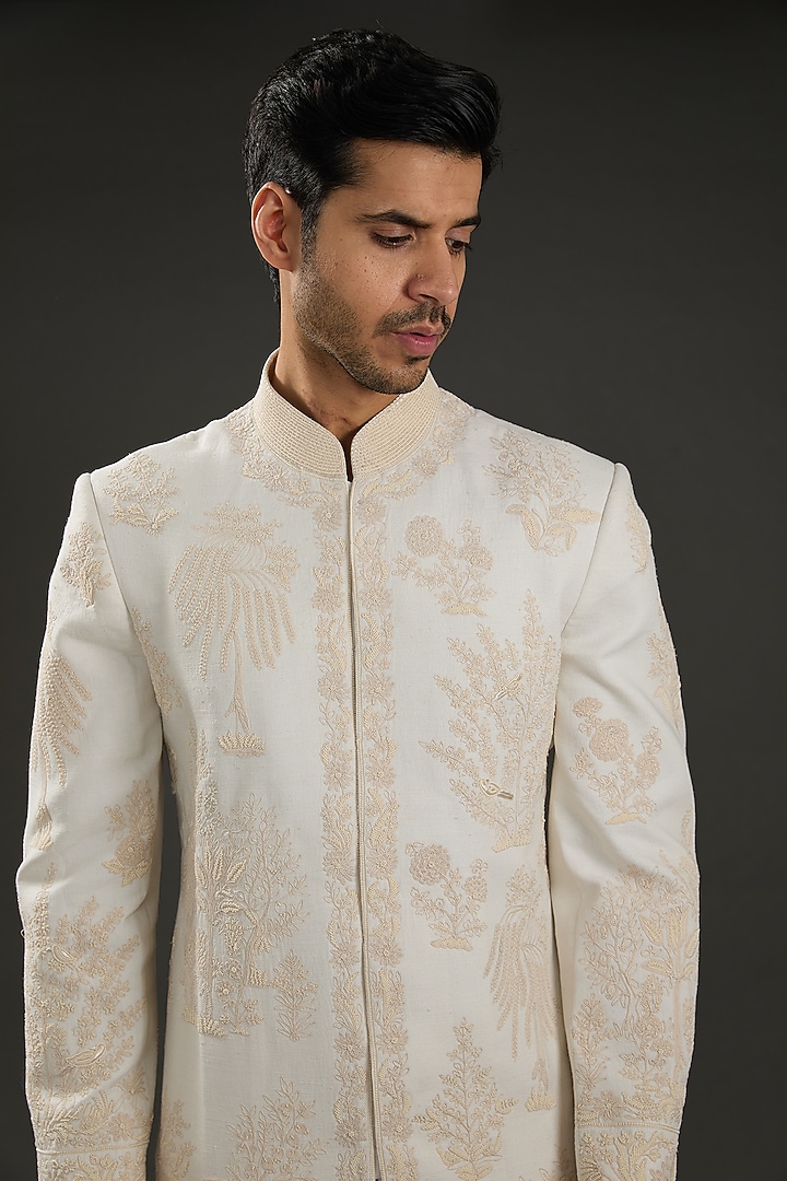 Ivory Chanderi Silk Hand Embroidered Groom Sherwani by Rohit Bal Men at Pernia's Pop Up Shop