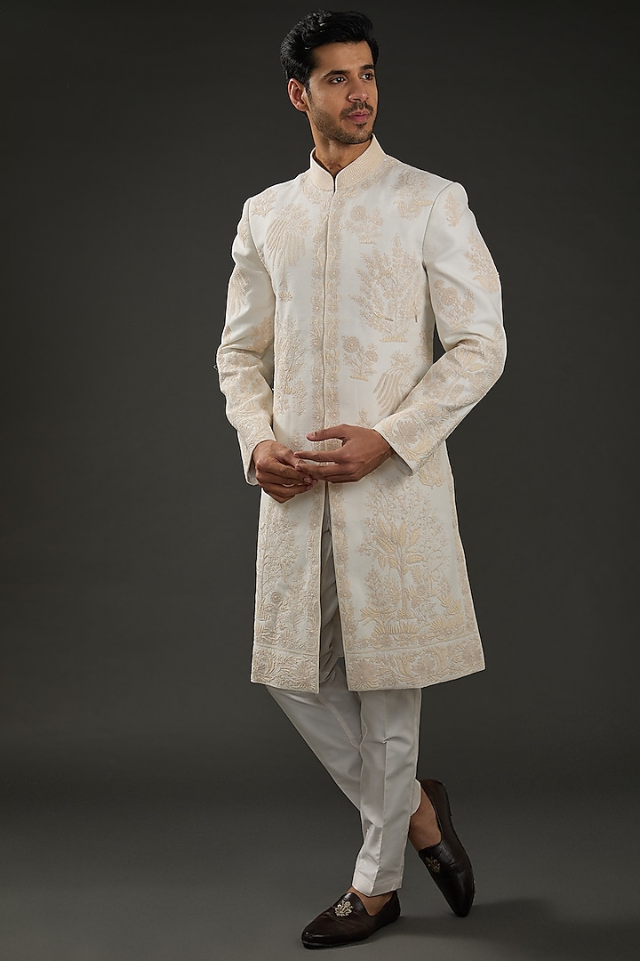 Ivory Chanderi Silk Hand Embroidered Groom Sherwani by Rohit Bal Men at Pernia's Pop Up Shop