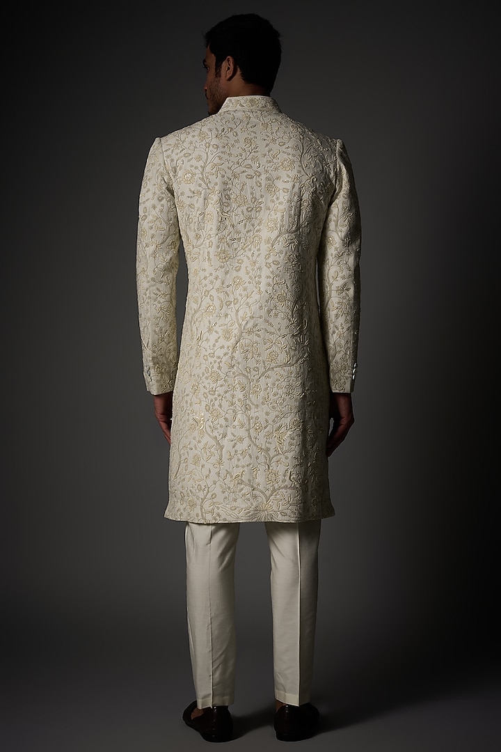 Ivory Matka Silk Pearl Hand Embroidered Groom Sherwani by Rohit Bal Men at Pernia's Pop Up Shop