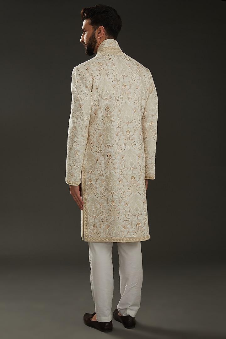 Ivory Matka Silk Resham Hand Embroidered Groom Sherwani by Rohit Bal Men at Pernia's Pop Up Shop