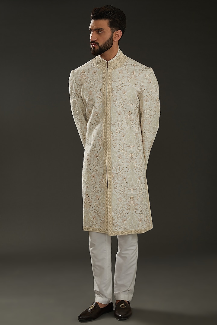 Ivory Matka Silk Resham Hand Embroidered Groom Sherwani by Rohit Bal Men at Pernia's Pop Up Shop