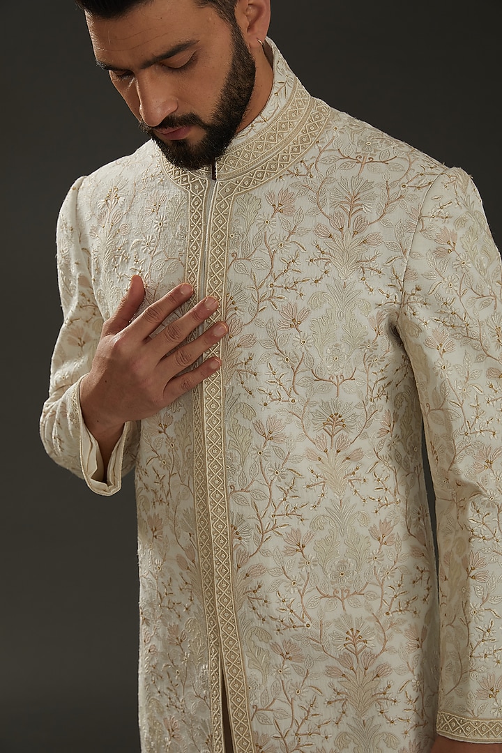 Ivory Matka Silk Resham Hand Embroidered Groom Sherwani by Rohit Bal Men at Pernia's Pop Up Shop