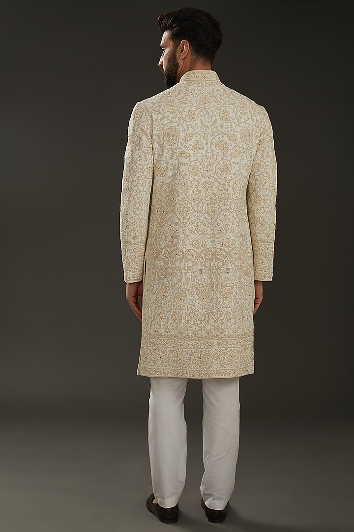 Ivory Matka Silk Gold Zari Embroidered Groom Sherwani by Rohit Bal Men at Pernia's Pop Up Shop