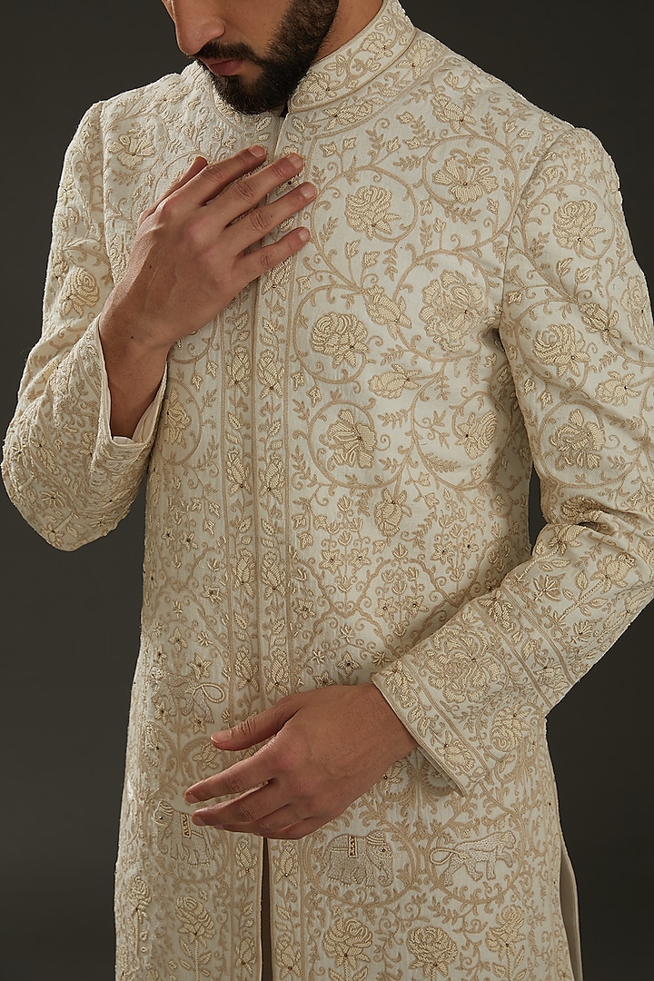 Ivory Matka Silk Gold Zari Embroidered Groom Sherwani by Rohit Bal Men at Pernia's Pop Up Shop