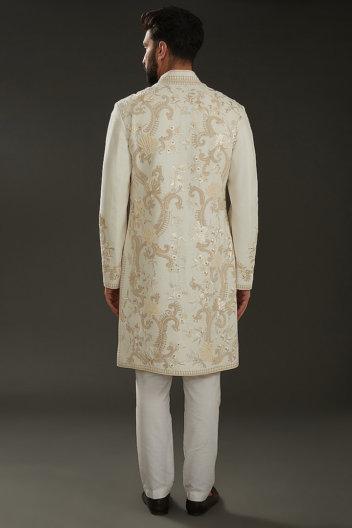 Ivory Matka Silk Hand Embroidered Groom Sherwani by Rohit Bal Men at Pernia's Pop Up Shop