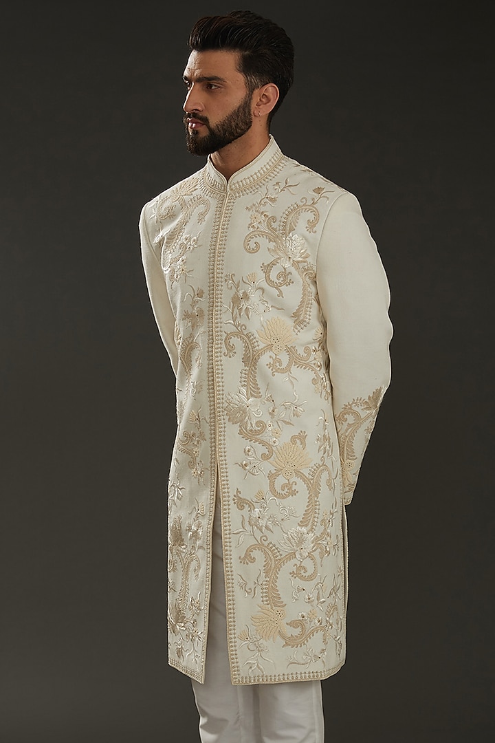 Ivory Matka Silk Hand Embroidered Groom Sherwani by Rohit Bal Men at Pernia's Pop Up Shop