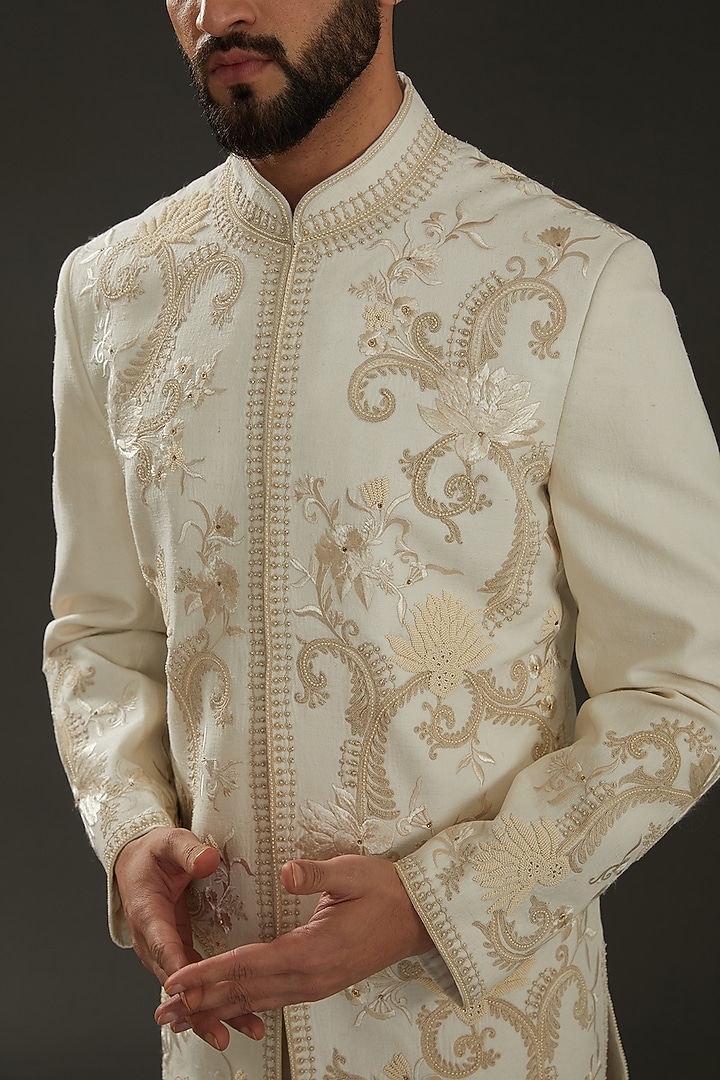 Ivory Matka Silk Hand Embroidered Groom Sherwani by Rohit Bal Men at Pernia's Pop Up Shop