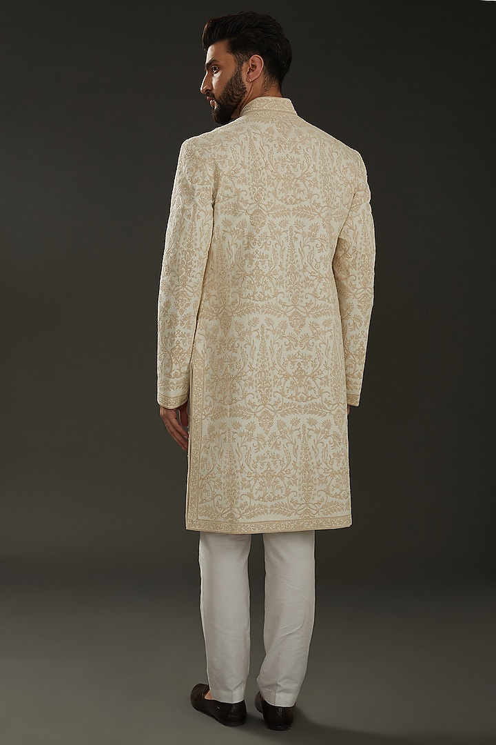 Ivory Matka Silk Hand Embroidered Groom Sherwani by Rohit Bal Men at Pernia's Pop Up Shop
