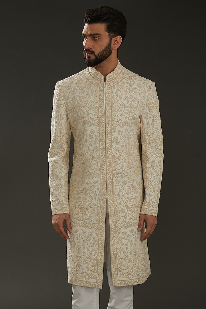 Ivory Matka Silk Hand Embroidered Groom Sherwani by Rohit Bal Men at Pernia's Pop Up Shop
