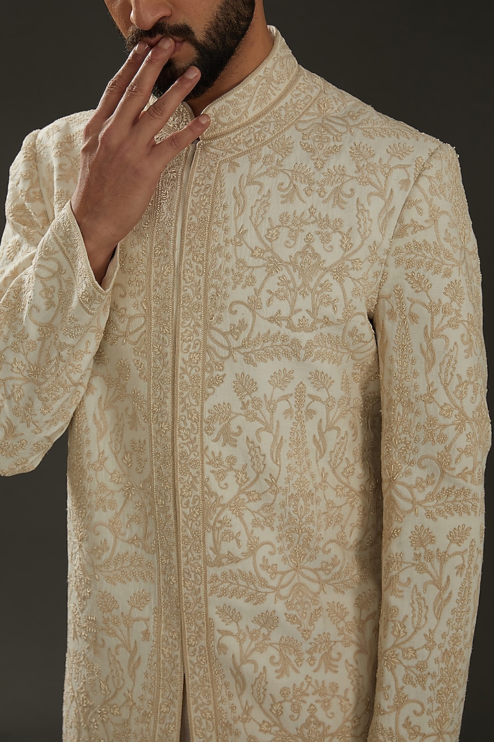 Ivory Matka Silk Hand Embroidered Groom Sherwani by Rohit Bal Men at Pernia's Pop Up Shop