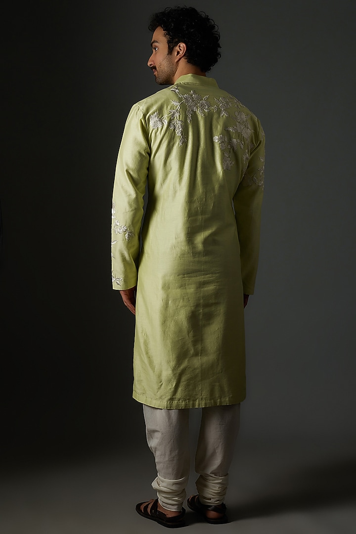 Mint Green Chanderi Silk Resham Embroidered Kurta Set by Rohit Bal Men at Pernia's Pop Up Shop