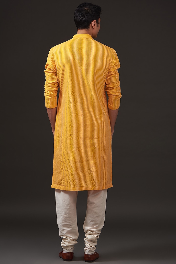 Mustard Chanderi Silk Resham Embroidered Kurta Set by Rohit Bal Men at Pernia's Pop Up Shop
