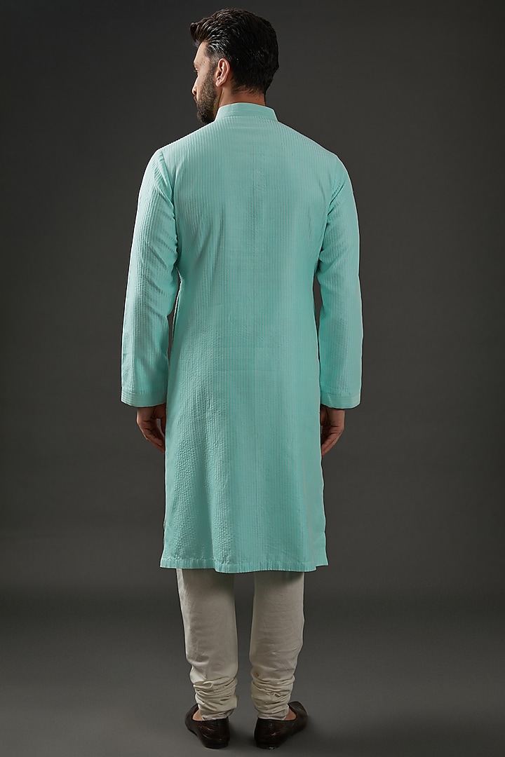 Aqua Blue Chanderi Embroidered Kurta Set by Rohit Bal Men at Pernia's Pop Up Shop