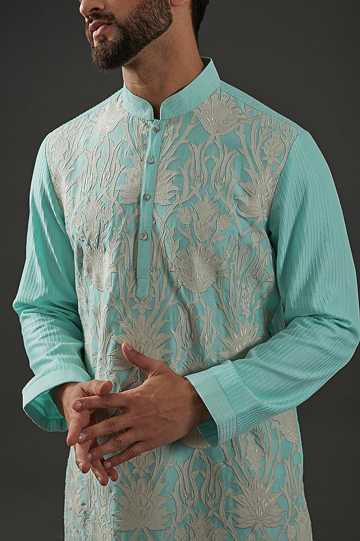 Aqua Blue Chanderi Embroidered Kurta Set by Rohit Bal Men at Pernia's Pop Up Shop