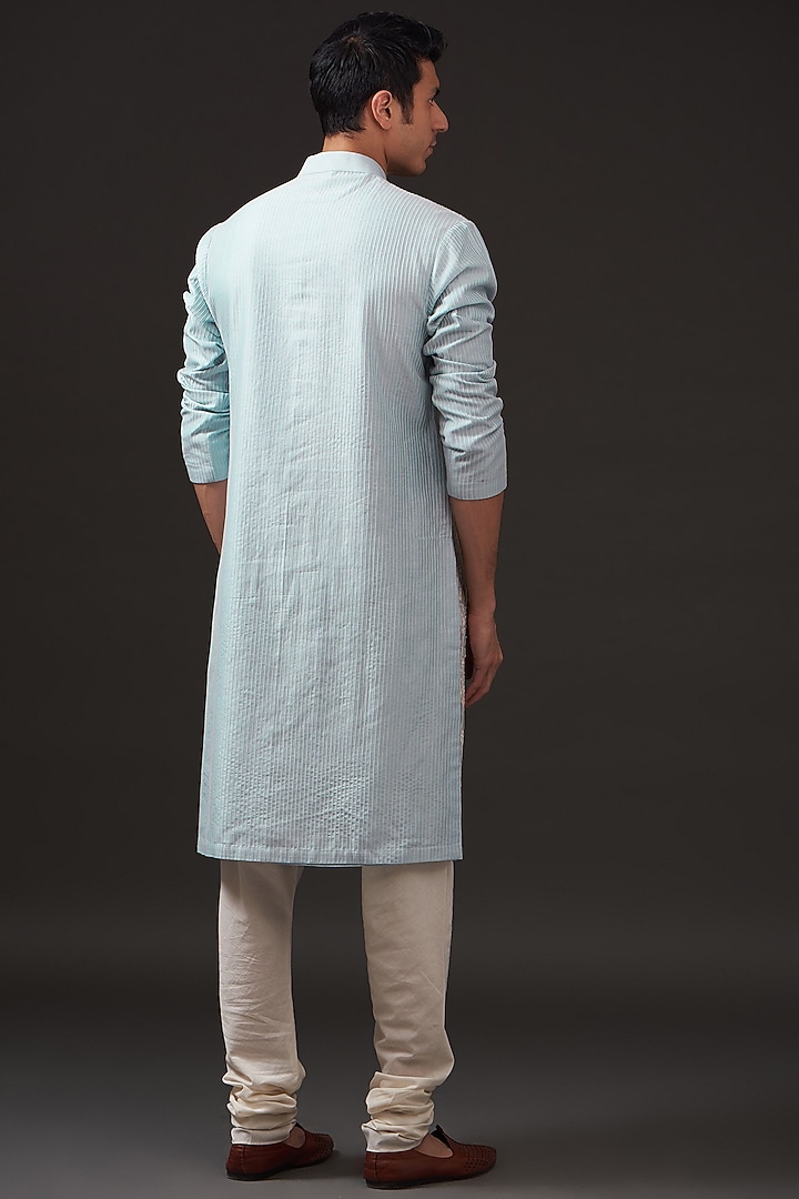 Powder Blue Chanderi Silk Resham Hand Embroidered Kurta Set by Rohit Bal Men at Pernia's Pop Up Shop