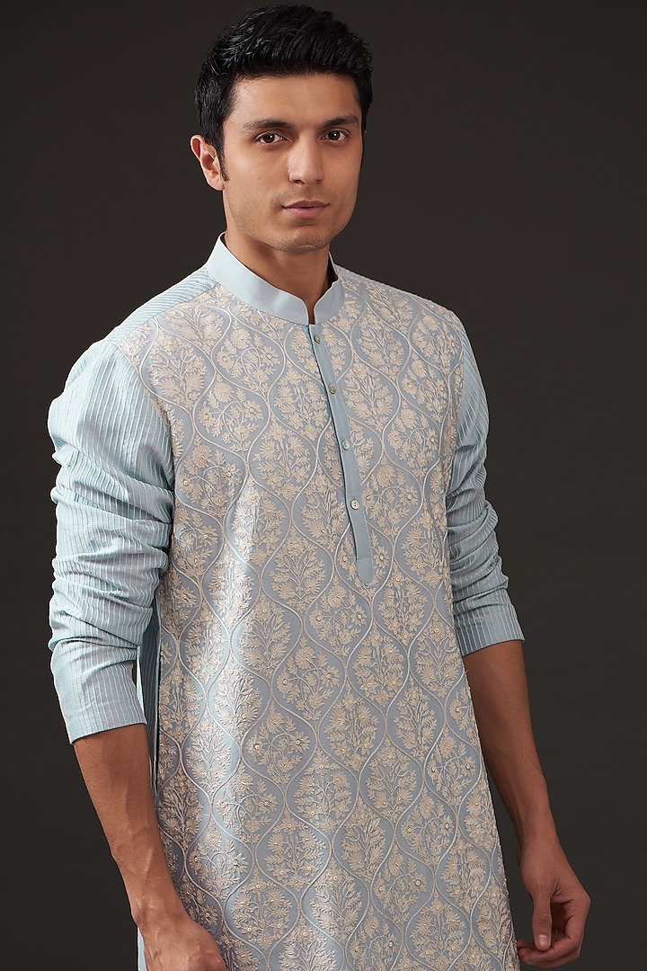 Powder Blue Chanderi Silk Resham Hand Embroidered Kurta Set by Rohit Bal Men at Pernia's Pop Up Shop