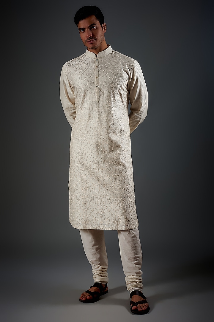 Ivory Chanderi Silk Resham Embroidered Kurta Set by Rohit Bal Men