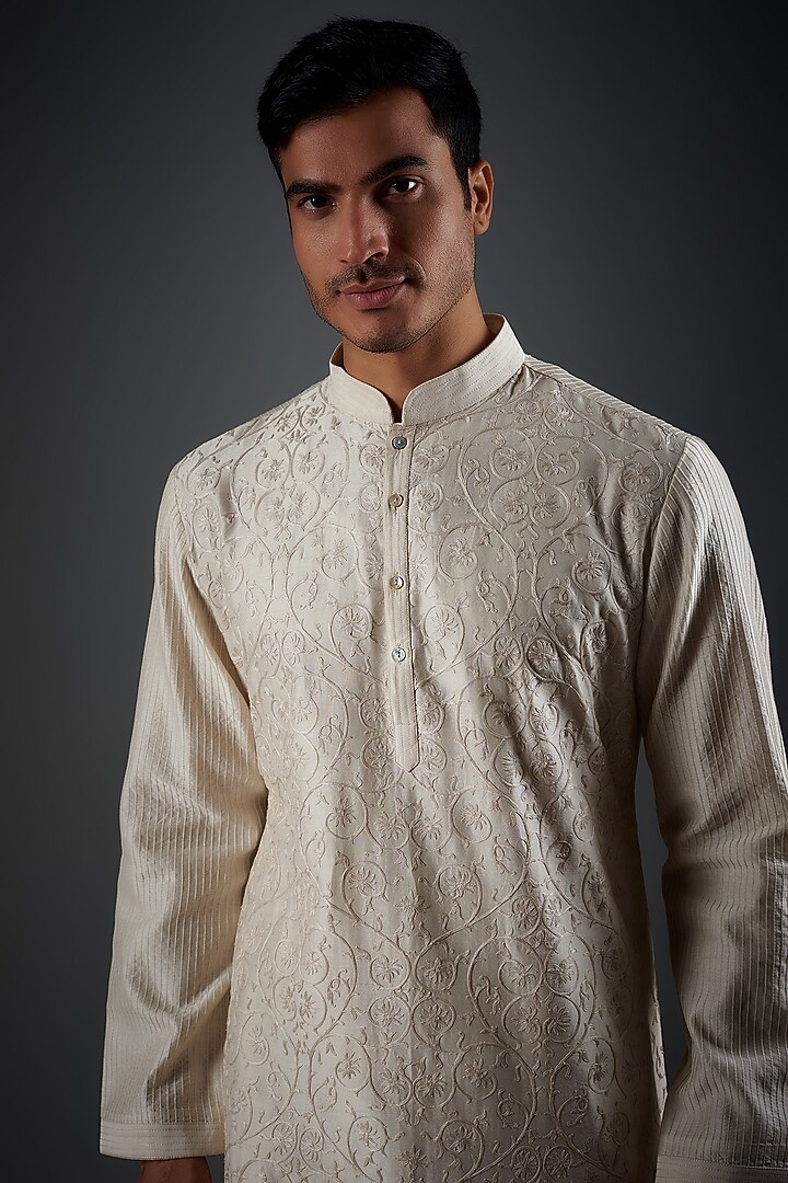 Ivory Chanderi Silk Resham Embroidered Kurta Set by Rohit Bal Men at Pernia's Pop Up Shop