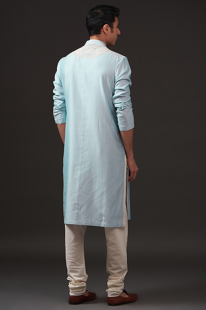 Powder Blue Chanderi Silk Resham Embroidered Kurta Set by Rohit Bal Men at Pernia's Pop Up Shop