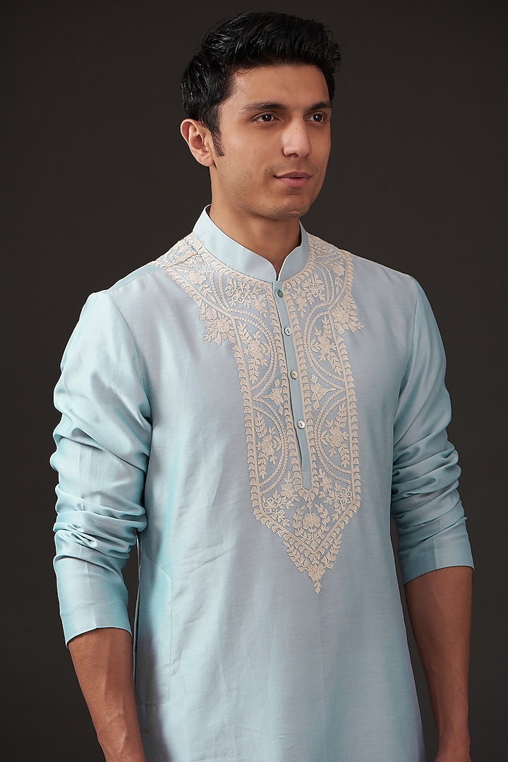 Powder Blue Chanderi Silk Resham Embroidered Kurta Set by Rohit Bal Men at Pernia's Pop Up Shop