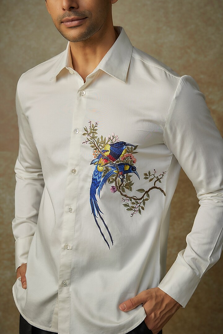 Ivory Poplin Embroidered Party Wear Shirt by Rohit Bal Men at Pernia's Pop Up Shop