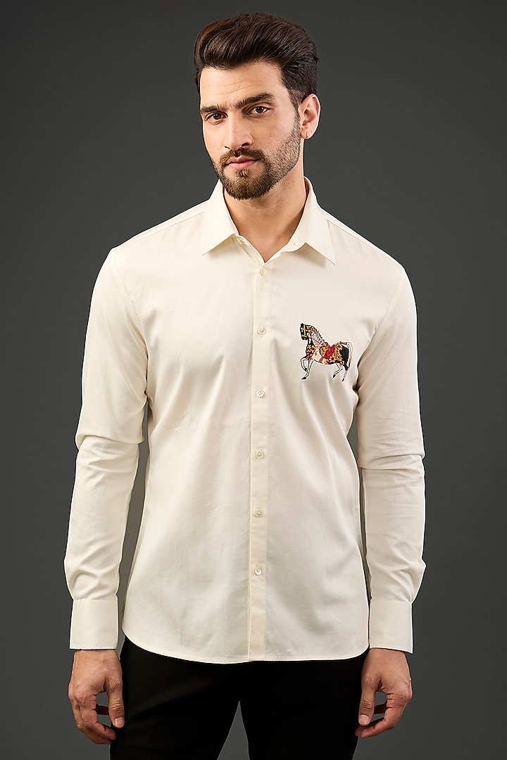 Ivory Linen Embroidered Shirt by Rohit Bal Men