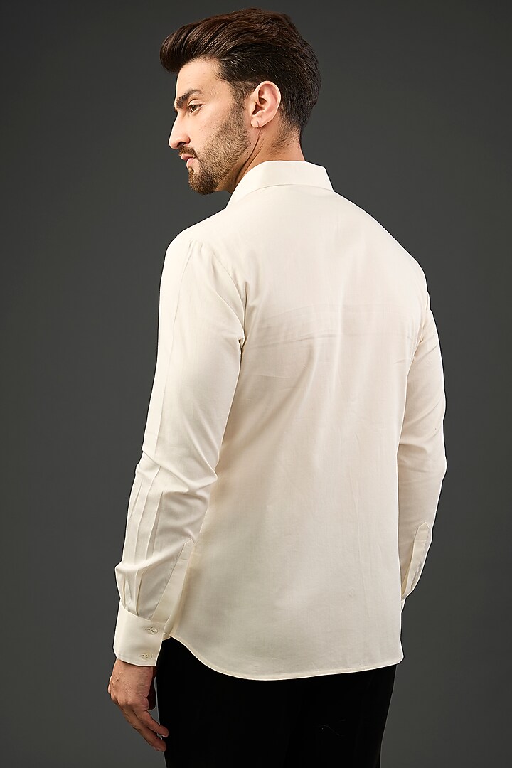 Ivory Linen Embroidered Party Wear Shirt by Rohit Bal Men at Pernia's Pop Up Shop