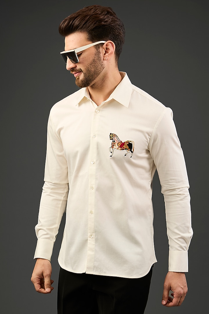 Ivory Linen Embroidered Party Wear Shirt by Rohit Bal Men at Pernia's Pop Up Shop