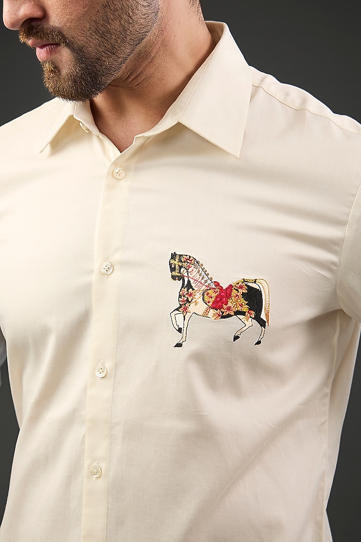 Ivory Linen Embroidered Party Wear Shirt by Rohit Bal Men at Pernia's Pop Up Shop