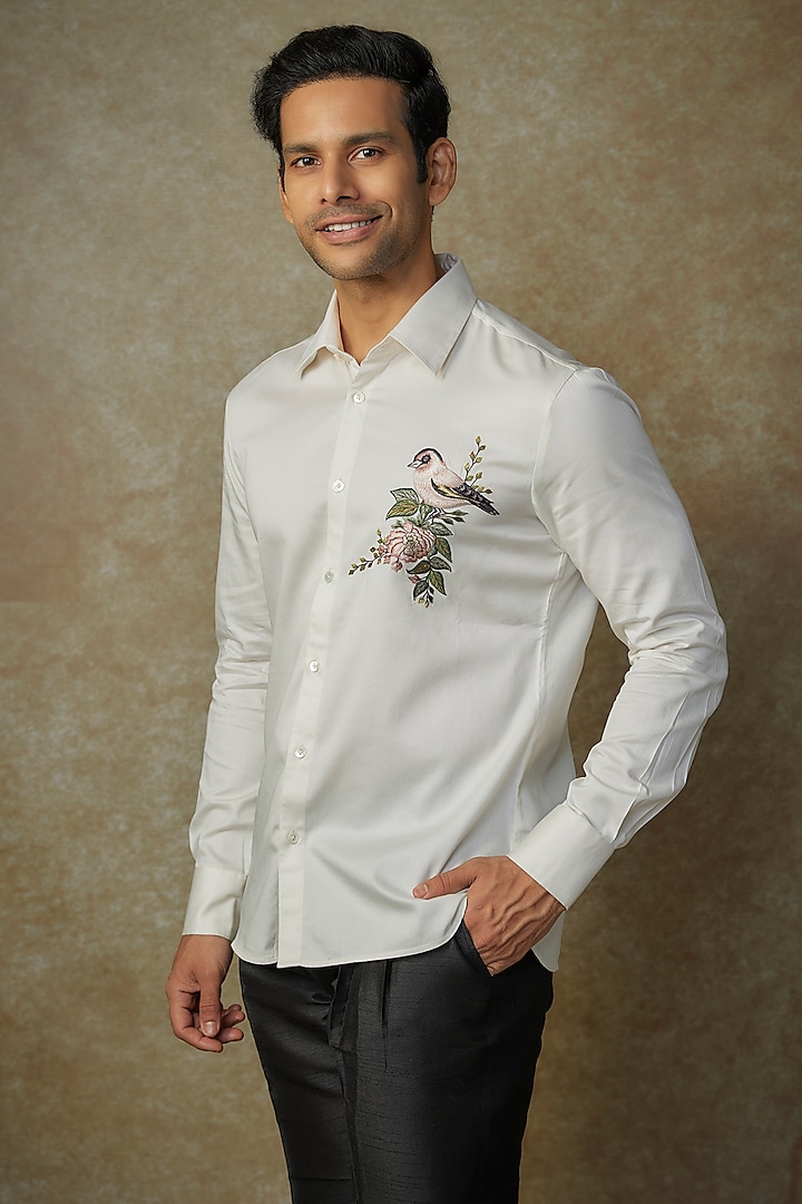 Ivory Poplin Embroidered Shirt by Rohit Bal Men