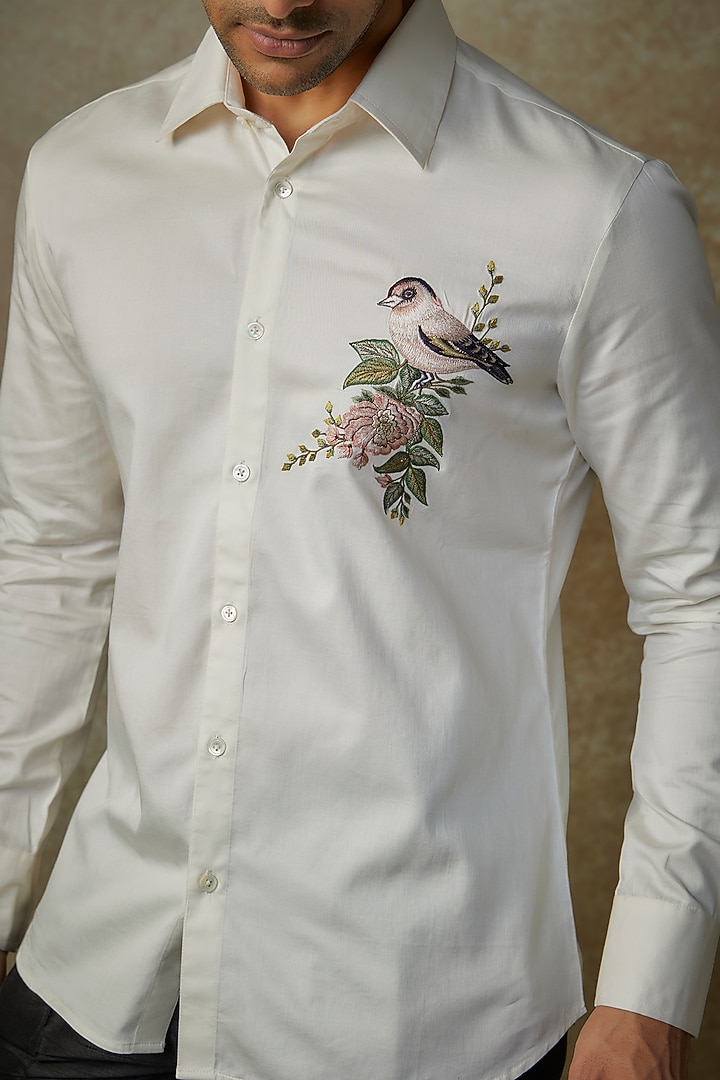 Ivory Poplin Embroidered Shirt by Rohit Bal Men at Pernia's Pop Up Shop