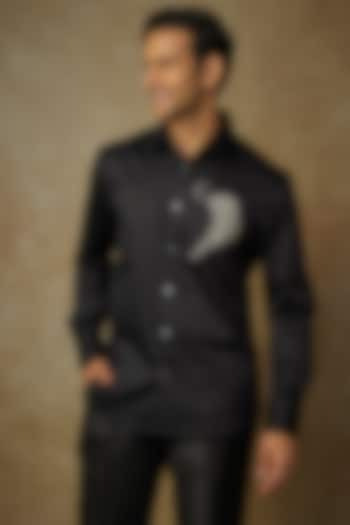 Black Poplin Embroidered Shirt by Rohit Bal Men