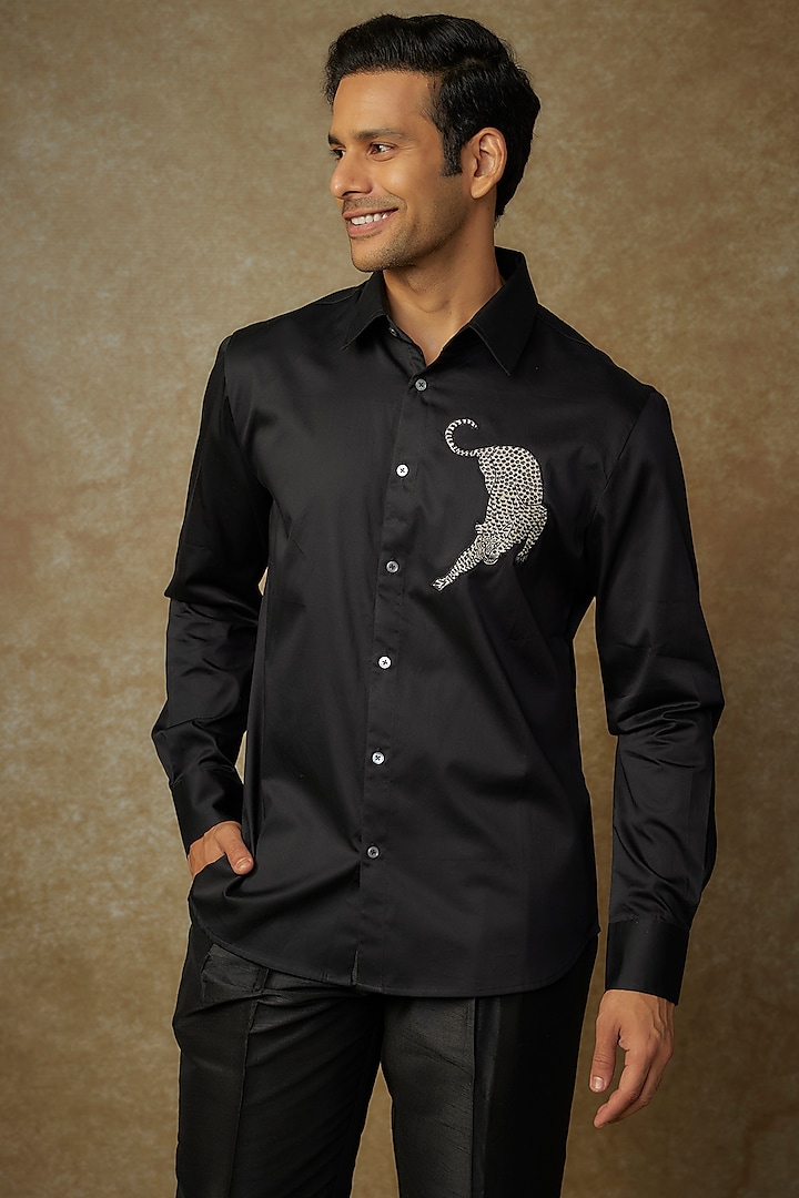 Black Poplin Embroidered Shirt by Rohit Bal Men