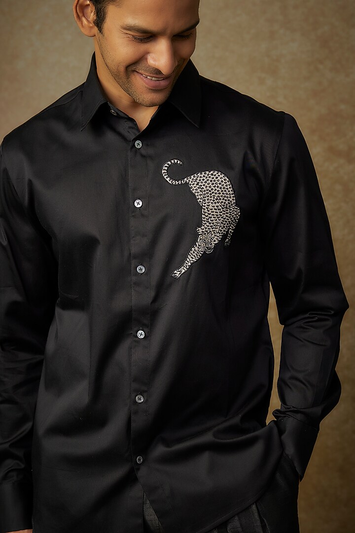 Black Poplin Embroidered Party Wear Shirt by Rohit Bal Men at Pernia's Pop Up Shop