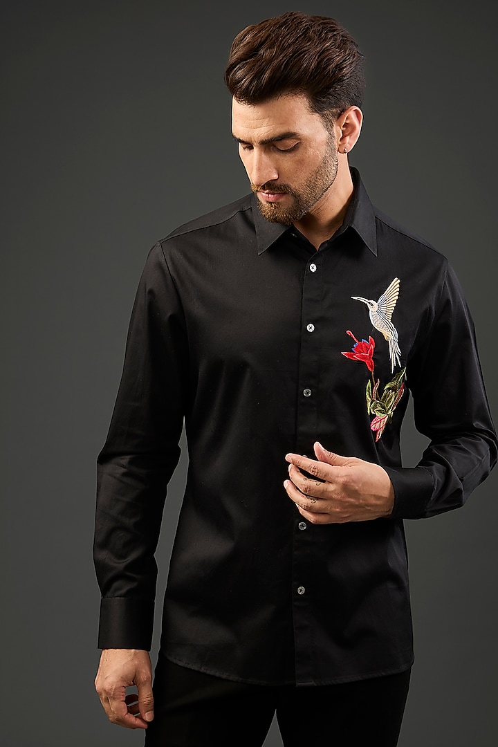 Black Poplin Embroidered Shirt by Rohit Bal Men