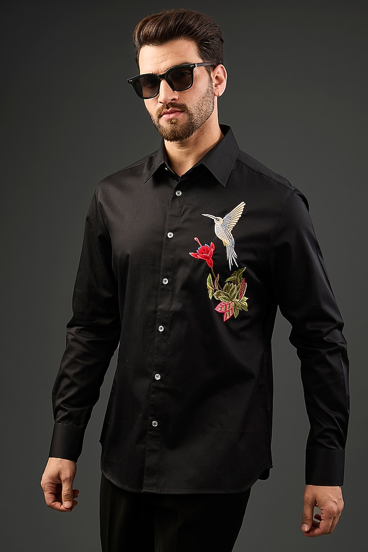 Black Poplin Embroidered Party Wear Shirt by Rohit Bal Men at Pernia's Pop Up Shop