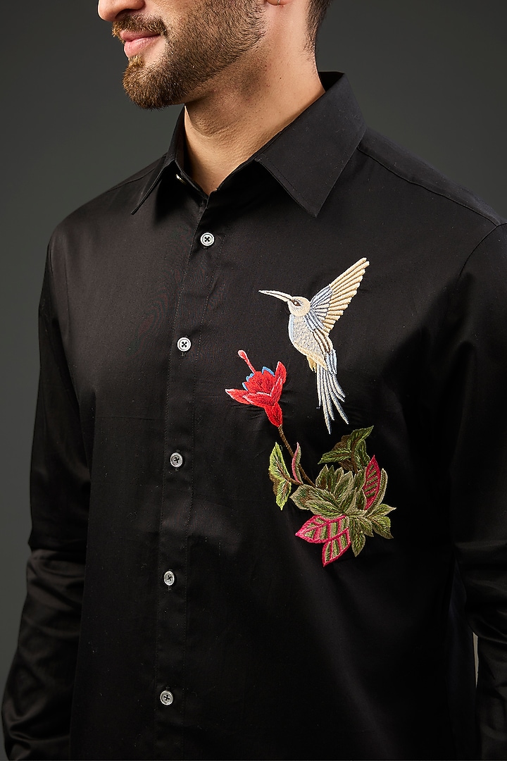 Black Poplin Embroidered Party Wear Shirt by Rohit Bal Men at Pernia's Pop Up Shop