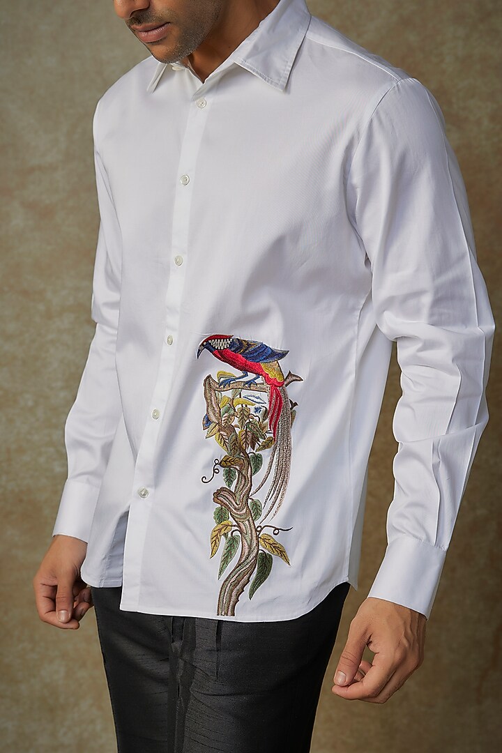 White Poplin Embroidered Party Wear Shirt by Rohit Bal Men at Pernia's Pop Up Shop