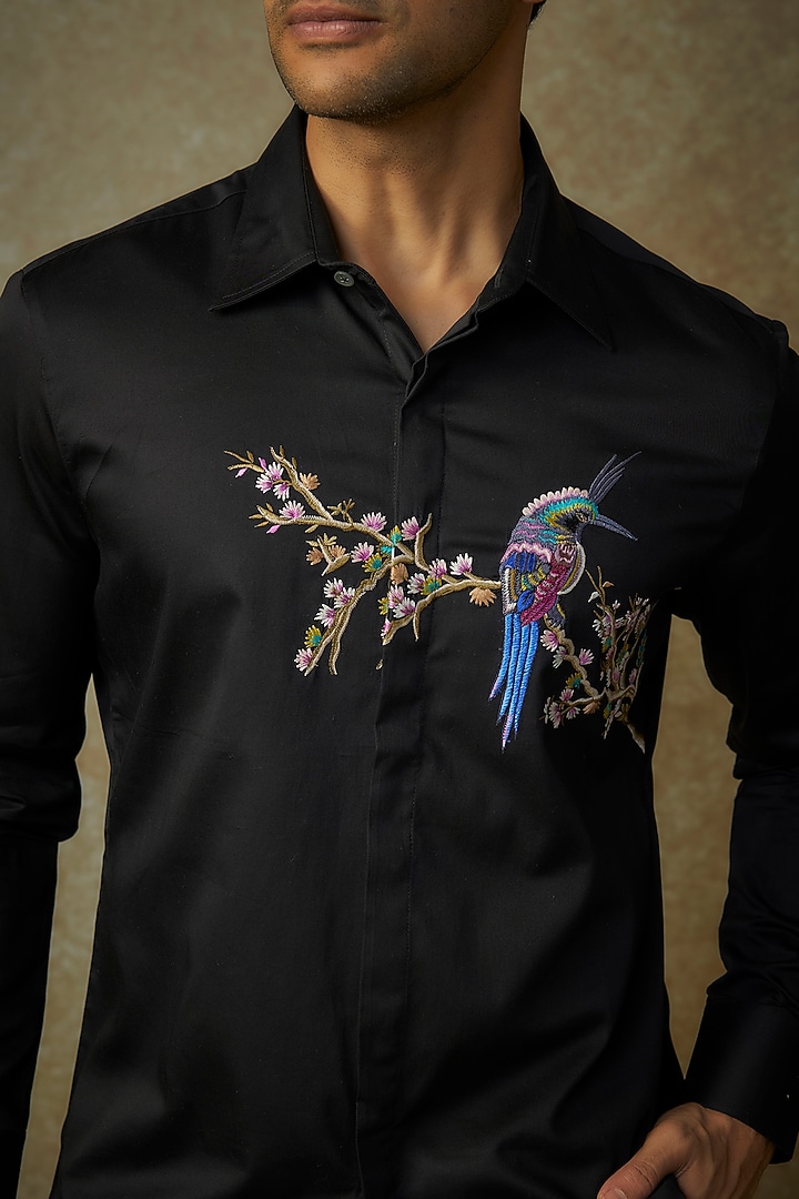 Black Poplin Embroidered Wedding Shirt by Rohit Bal Men at Pernia's Pop Up Shop