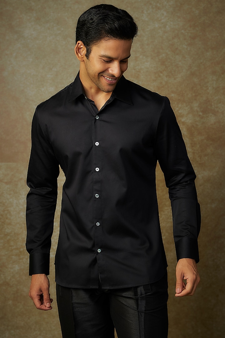 Black Poplin Embroidered Shirt by Rohit Bal Men