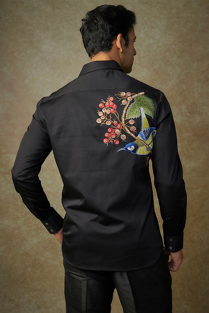 Black Poplin Embroidered Party Wear Shirt by Rohit Bal Men at Pernia's Pop Up Shop