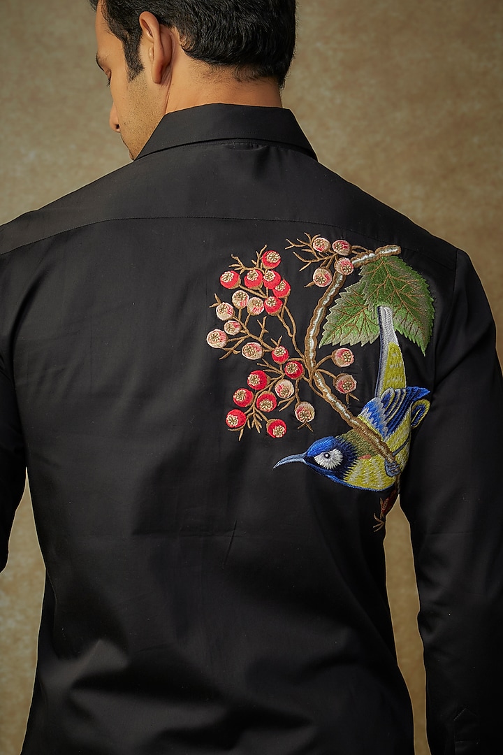 Black Poplin Embroidered Party Wear Shirt by Rohit Bal Men at Pernia's Pop Up Shop