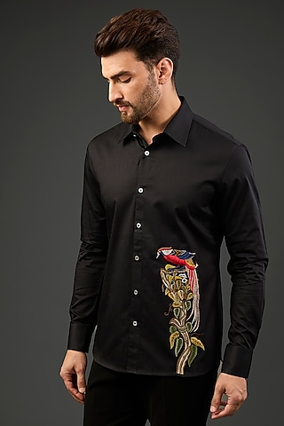 Black Poplin Embroidered Shirt by Rohit Bal Men