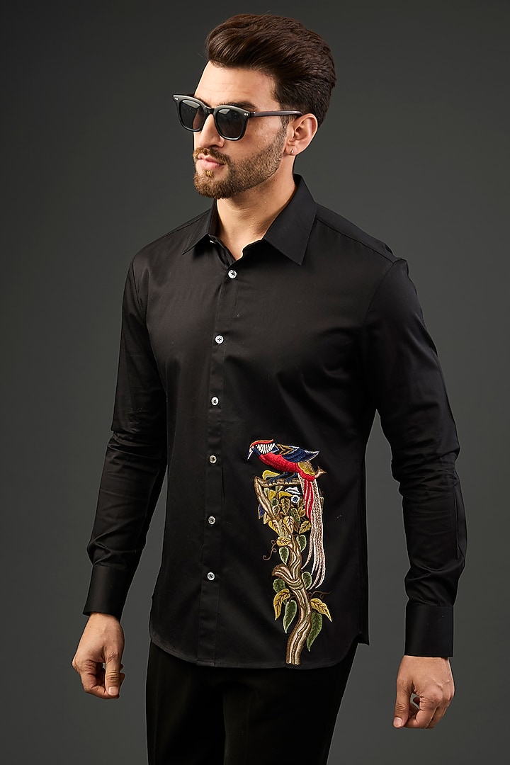 Black Poplin Embroidered Party Wear Shirt by Rohit Bal Men at Pernia's Pop Up Shop