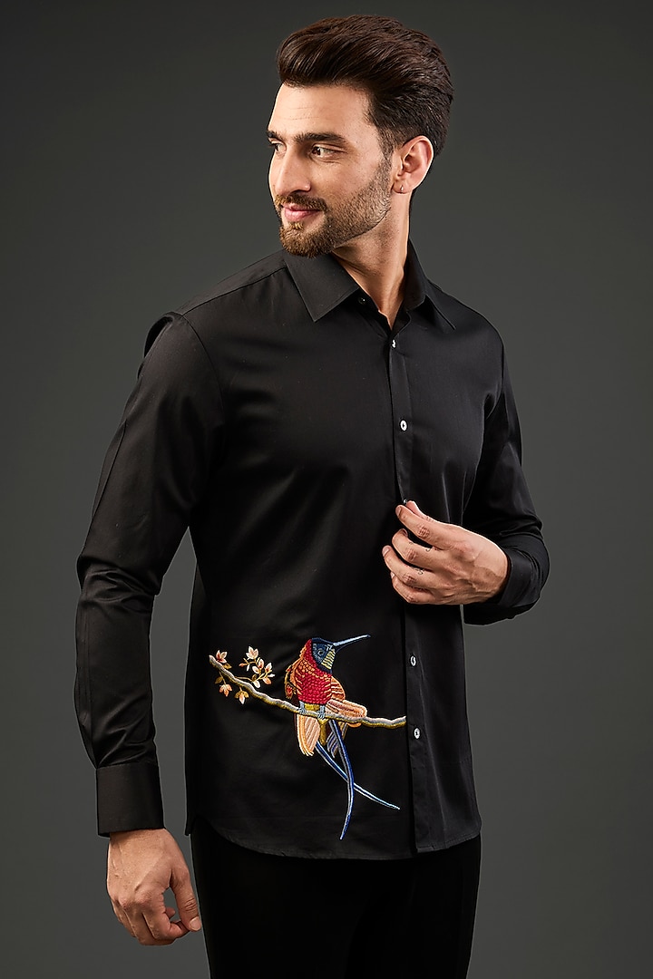 Black Poplin Embroidered Shirt by Rohit Bal Men